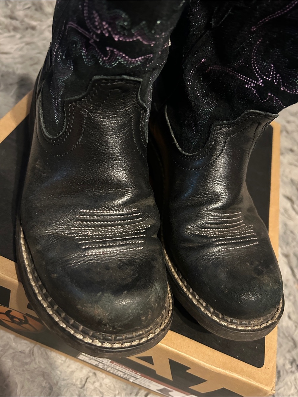 Ariat FatBaby Black Leather Western Boots with Purple Stitching - Picture 5 of 6